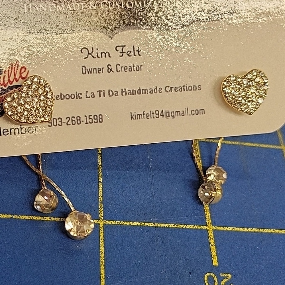 Heart Rhinestone Gold Tone Back & Front Earrings